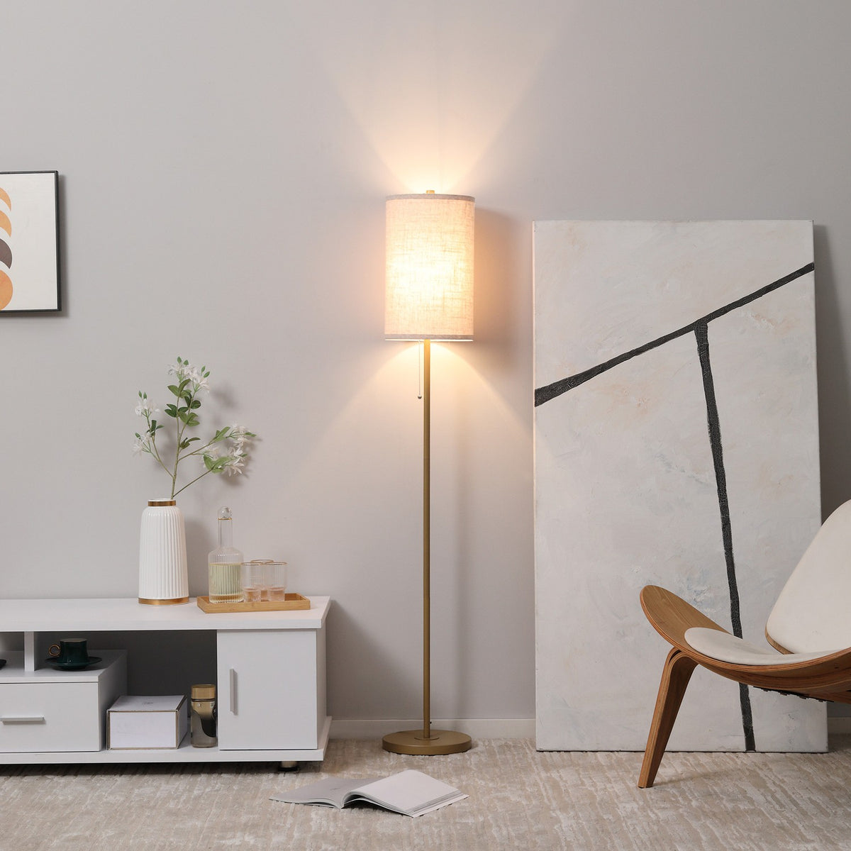 Floor lamp living room floor lamp with linen lampshade, pull chain switch, floor lamp with steel stand, E27 socket floor lamp for bedroom, cream white