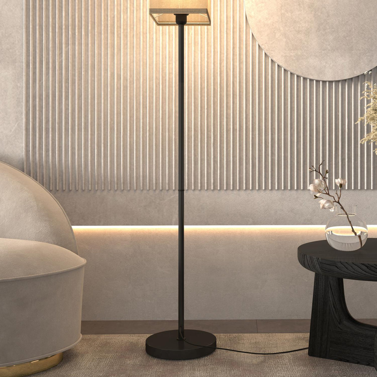 Floor lamp, modern floor lamp with foot switch, shade with linen look, floor lamp for living room, bedroom, excl. light bulb, black