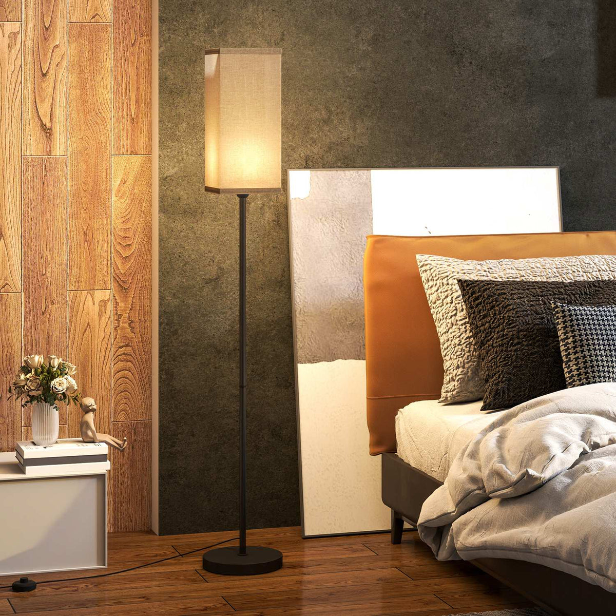 Floor lamp, modern floor lamp with foot switch, shade with linen look, floor lamp for living room, bedroom, excl. light bulb, black