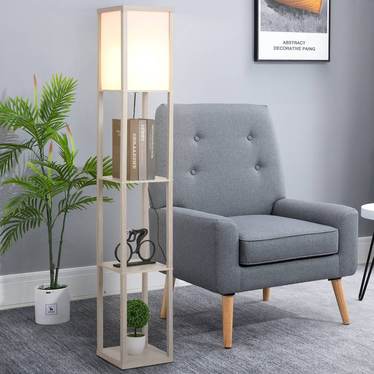 Floor lamp with 3 shelves floor lamp, interior lighting, E27, up to 40W, E1-MDF, acrylic, oak+white, 26x26x160 cm