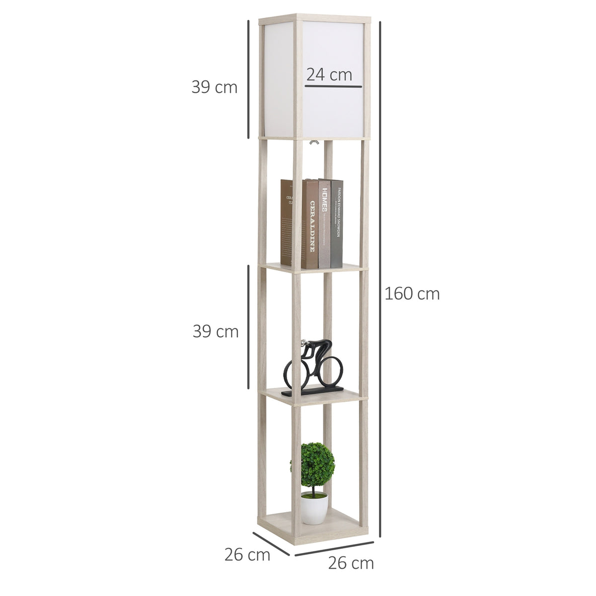Floor lamp with 3 shelves floor lamp, interior lighting, E27, up to 40W, E1-MDF, acrylic, oak+white, 26x26x160 cm