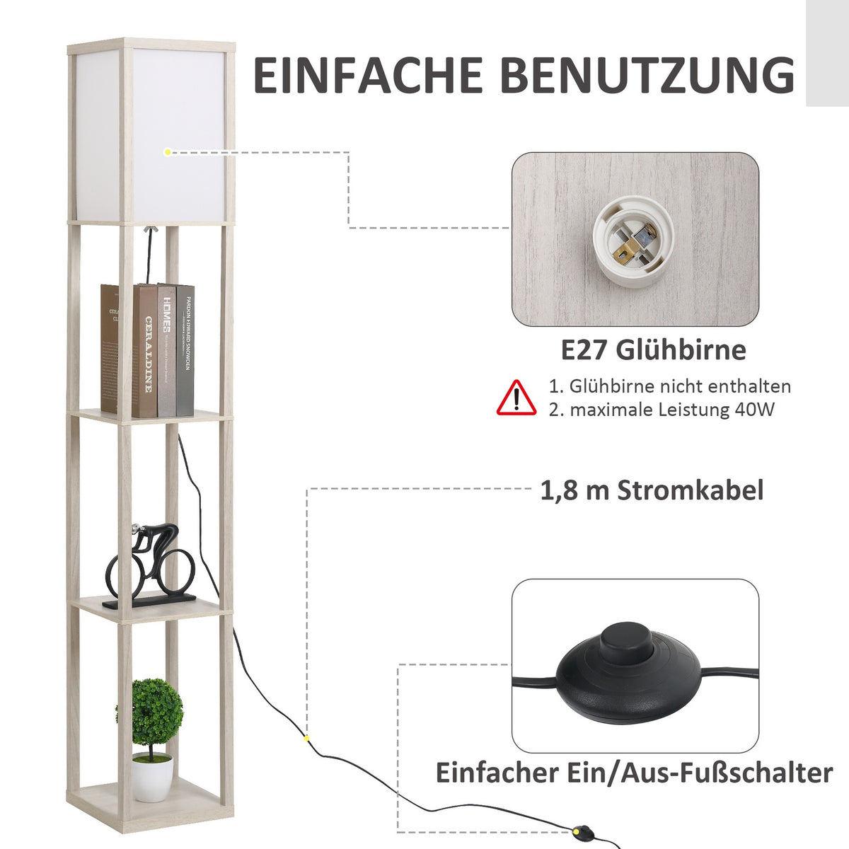 Floor lamp with 3 shelves floor lamp, interior lighting, E27, up to 40W, E1-MDF, acrylic, oak+white, 26x26x160 cm
