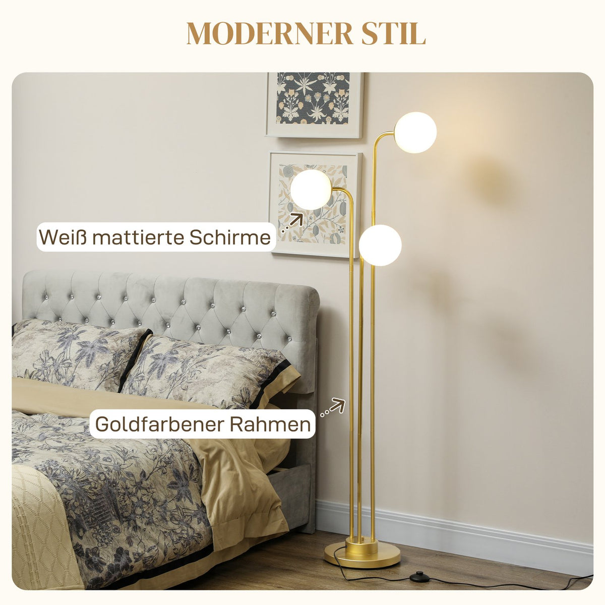 Floor lamp with rotating lampshades, 120W reading lamp, 1.65 m high bedside lamp with foot switch, floor lamp for bedroom, office, living room, gold