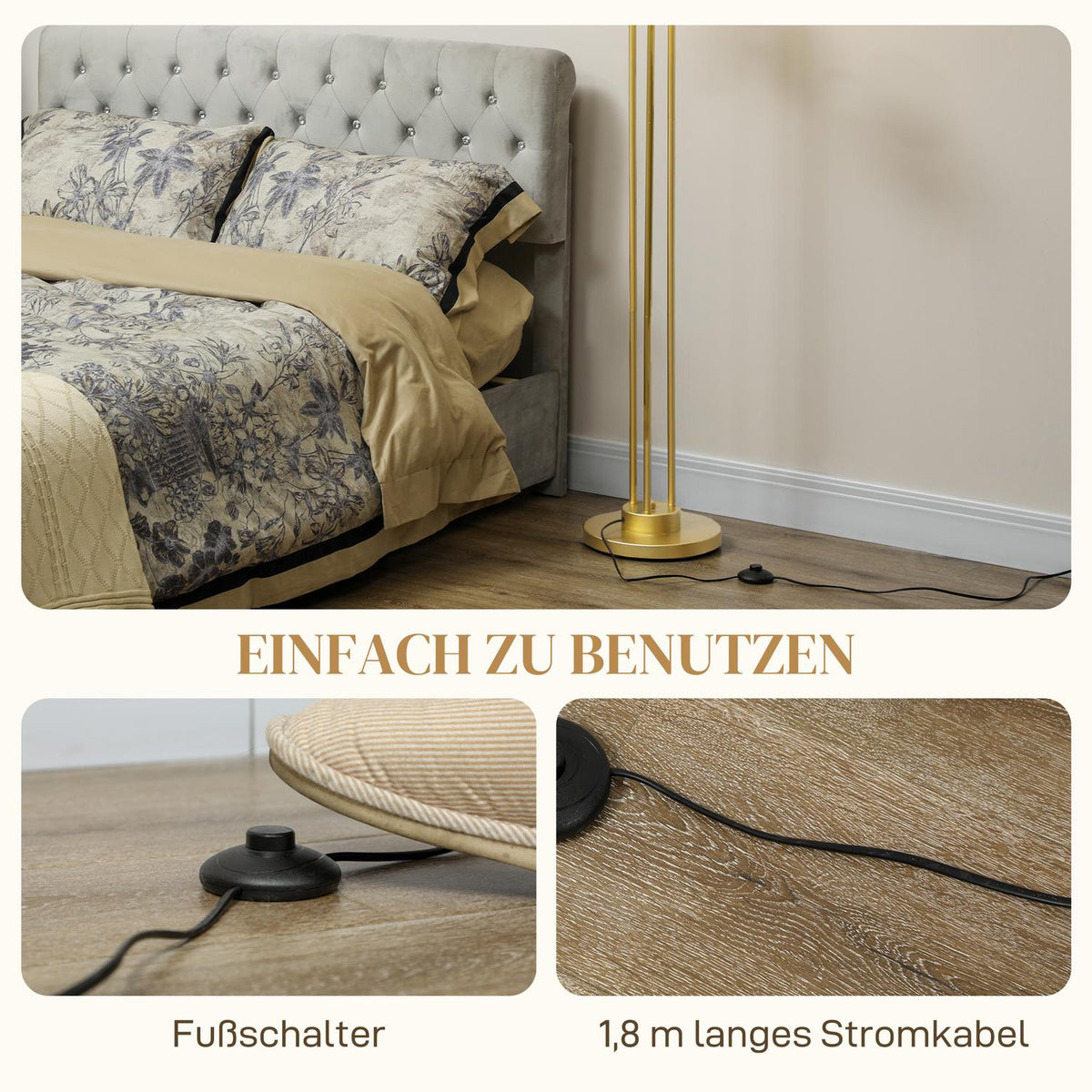 Floor lamp with rotating lampshades, 120W reading lamp, 1.65 m high bedside lamp with foot switch, floor lamp for bedroom, office, living room, gold