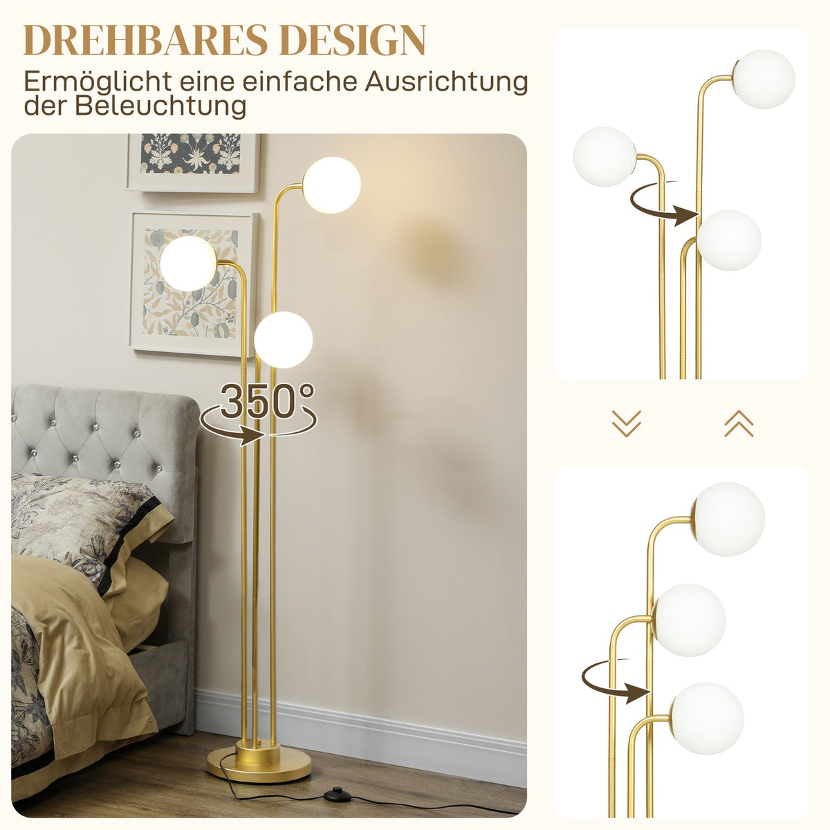 Floor lamp with rotating lampshades, 120W reading lamp, 1.65 m high bedside lamp with foot switch, floor lamp for bedroom, office, living room, gold