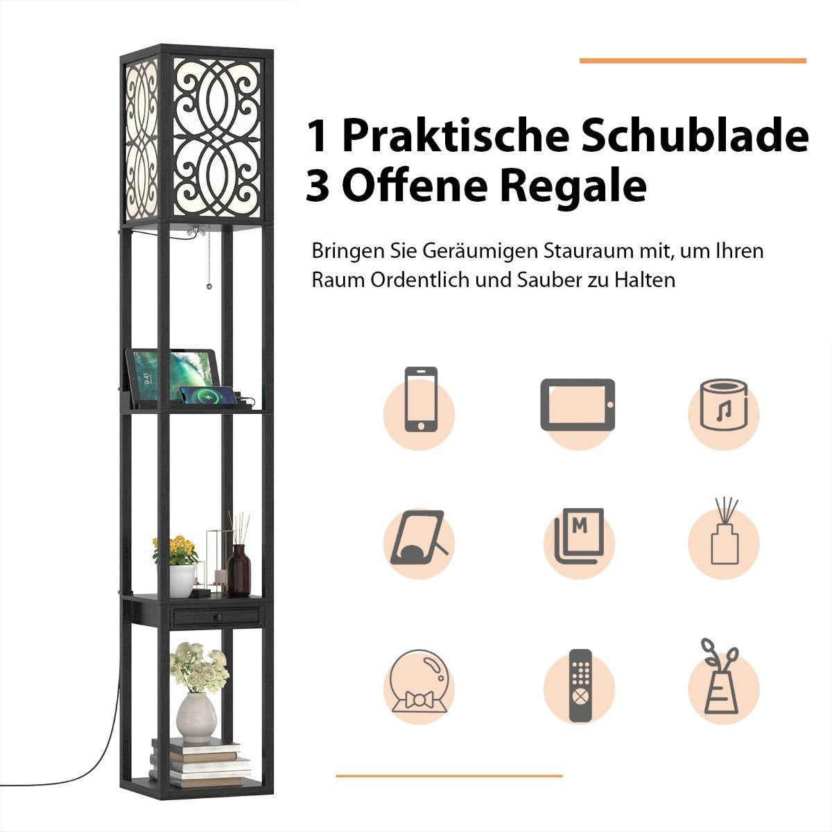 Floor lamp with shelves and drawer for living room bedroom 26 x 26 x 160.5 cm black