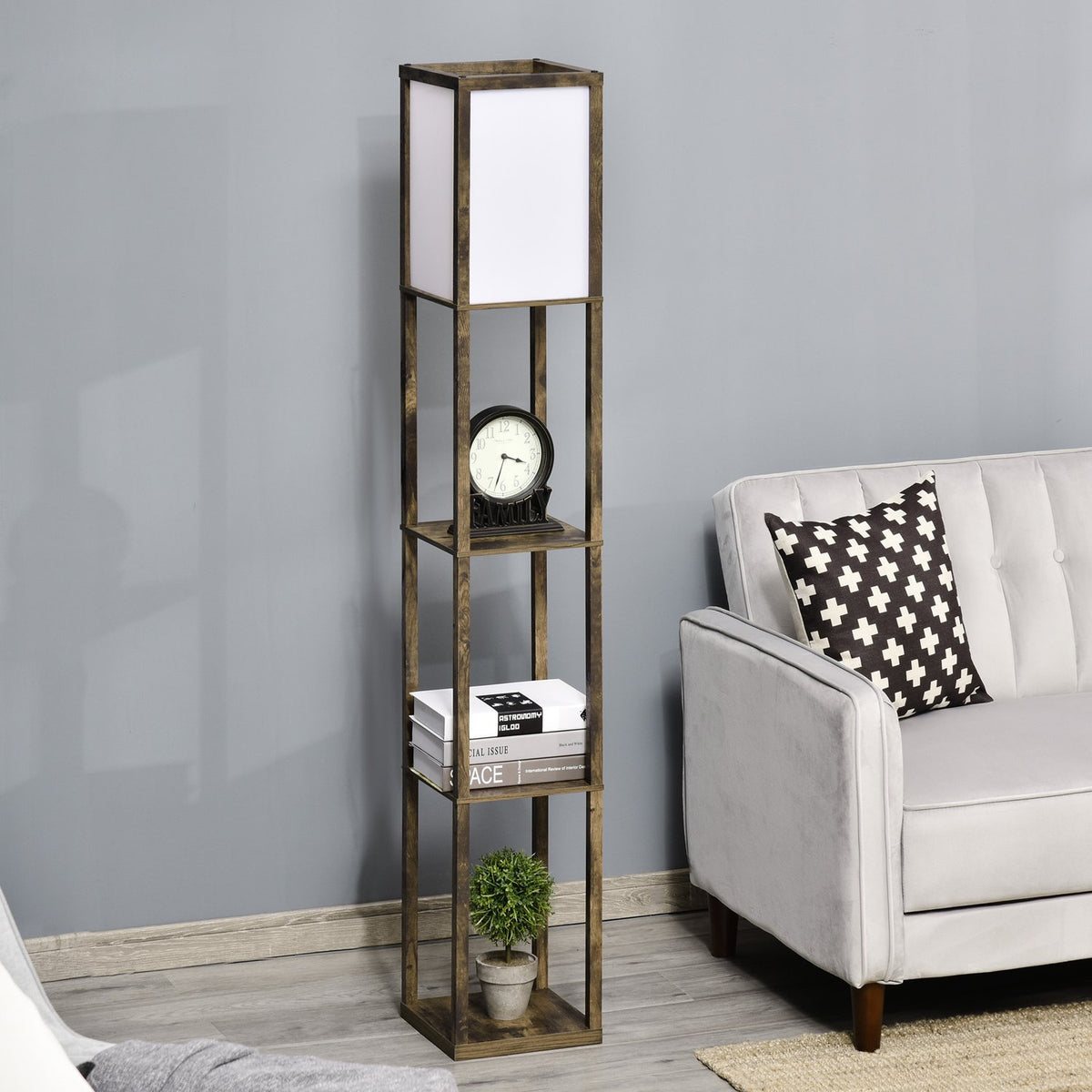 Floor lamp with shelves, living room floor lamp with E27 socket up to 40W, bedside lamp with lampshade, floor lamp for bedroom, study, office, rustic brown