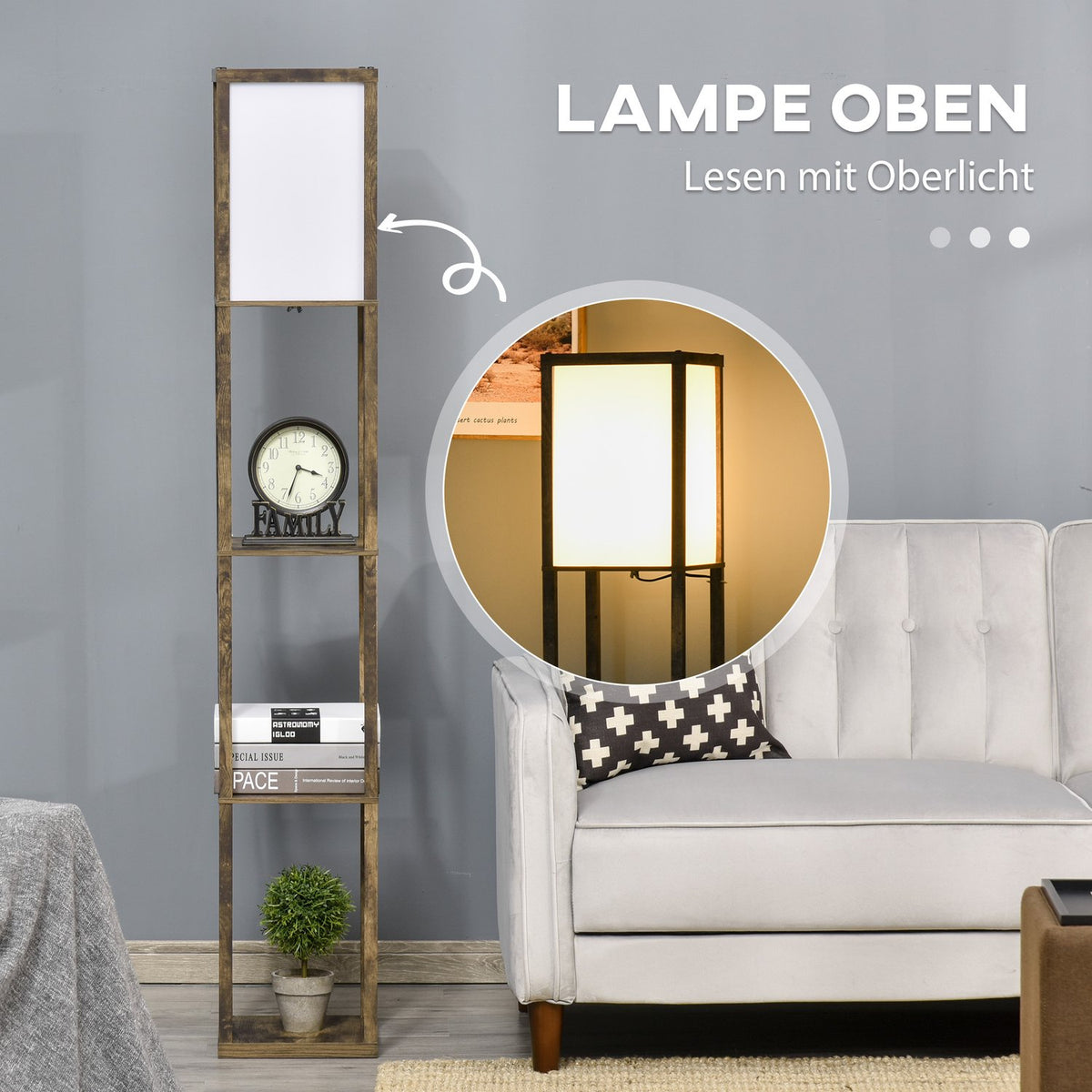 Floor lamp with shelves, living room floor lamp with E27 socket up to 40W, bedside lamp with lampshade, floor lamp for bedroom, study, office, rustic brown