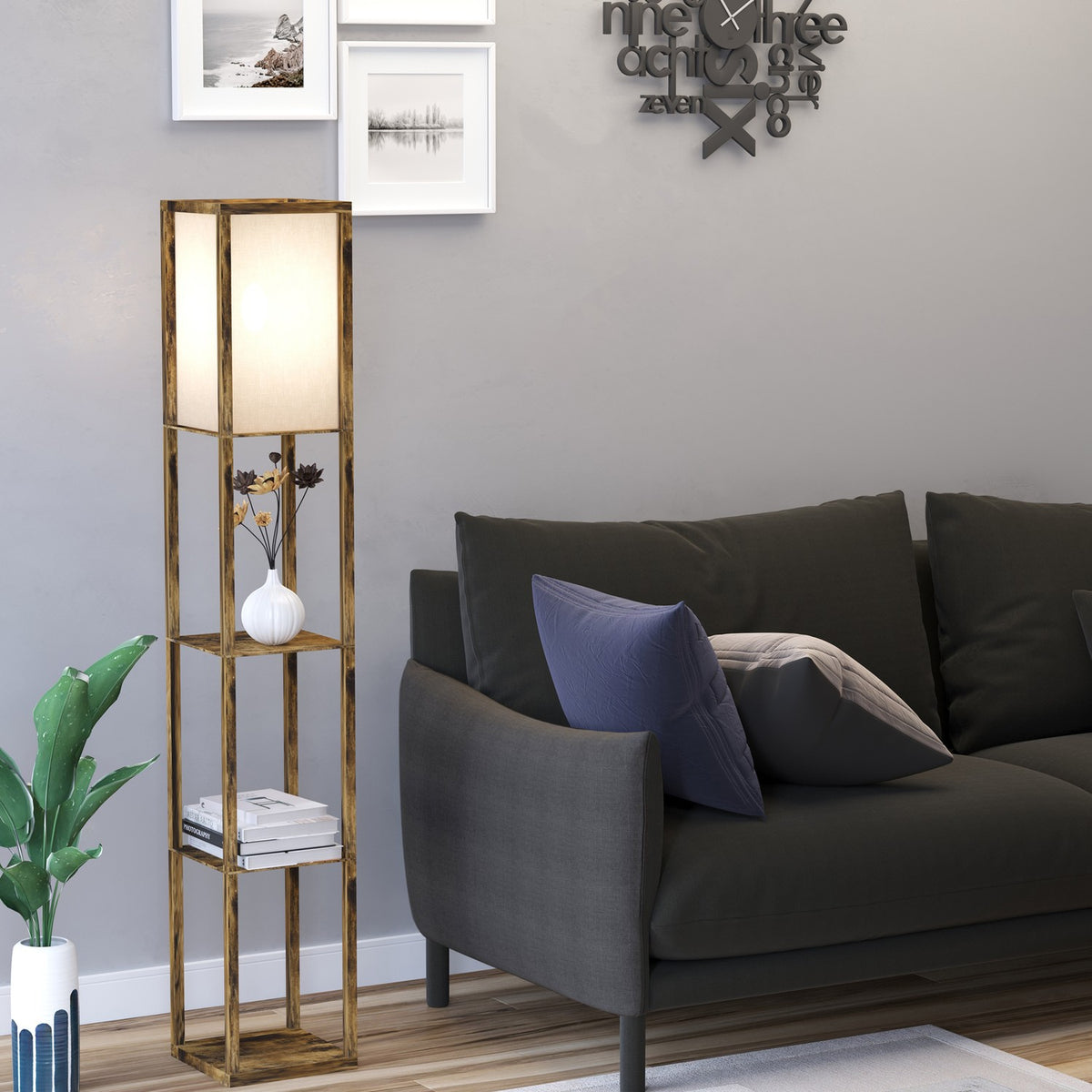 Floor lamp with shelves, living room floor lamp with E27 socket up to 40W, bedside lamp with lampshade, floor lamp for bedroom, study, office, rustic brown