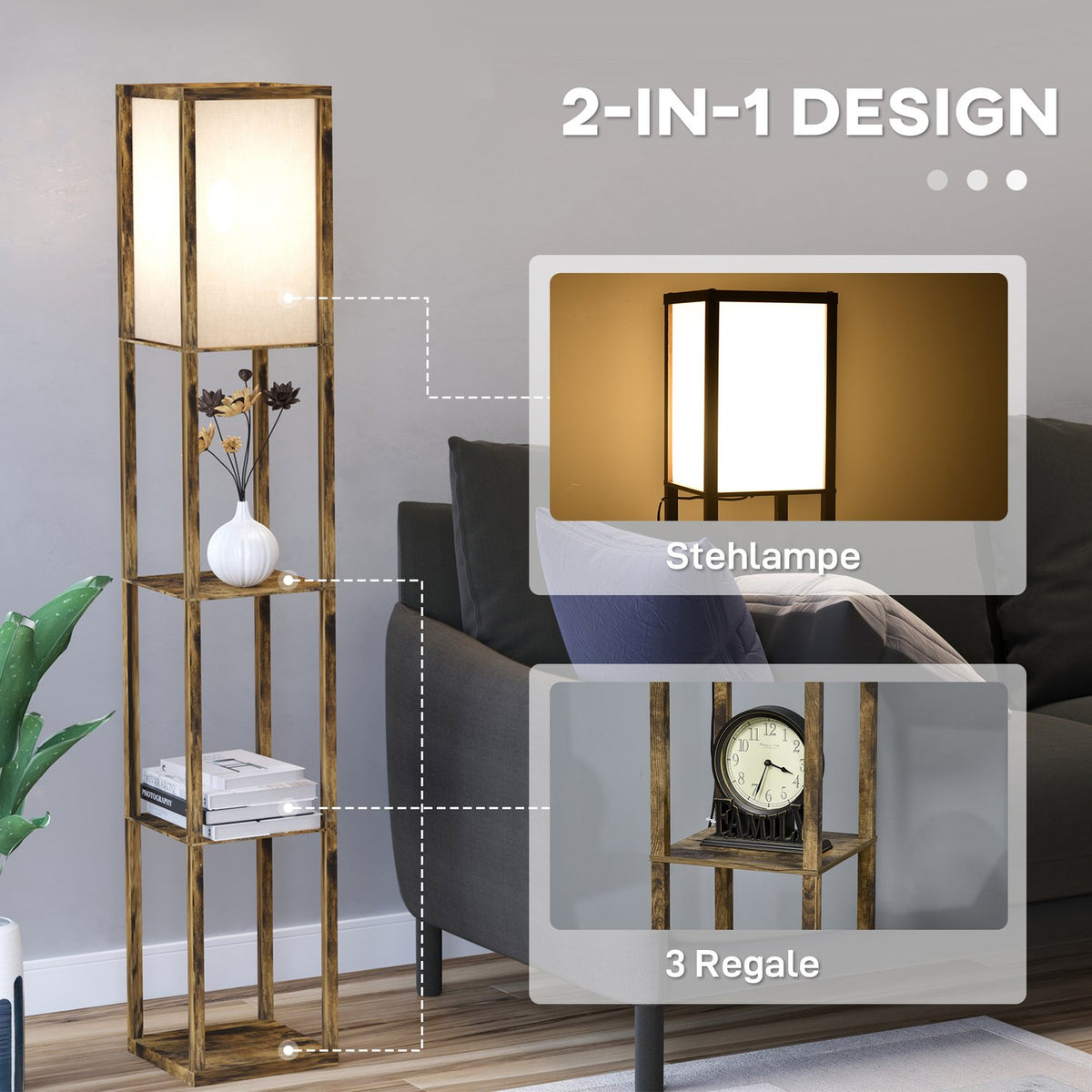 Floor lamp with shelves, living room floor lamp with E27 socket up to 40W, bedside lamp with lampshade, floor lamp for bedroom, study, office, rustic brown