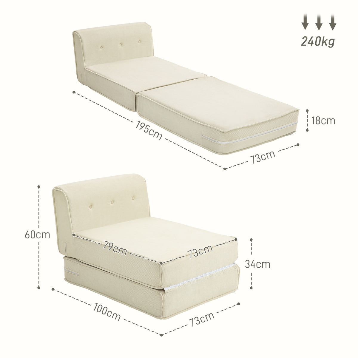 Floor sofa 2-in-1 folding sofa bed with corduroy look, upholstered sofa bed can hold up to 240 kg for living room, bedroom, cream white