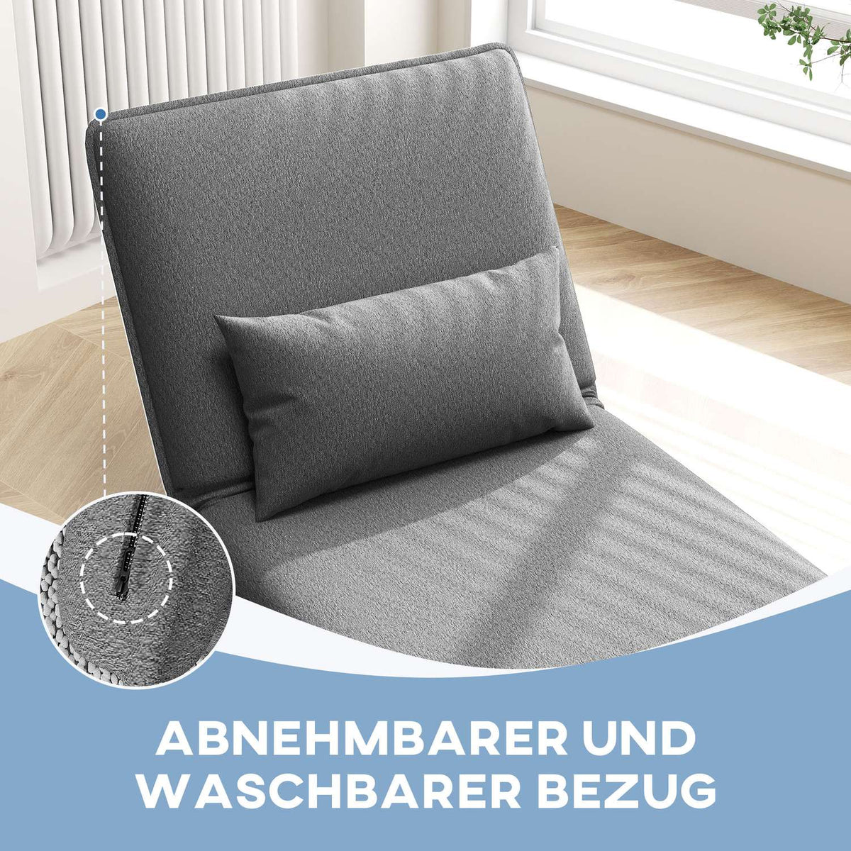 Floor sofa 3-in-1 folding sofa bed, padded sofa bed with sleeping function, load capacity up to 150 kg, for bedroom, living room, dark gray