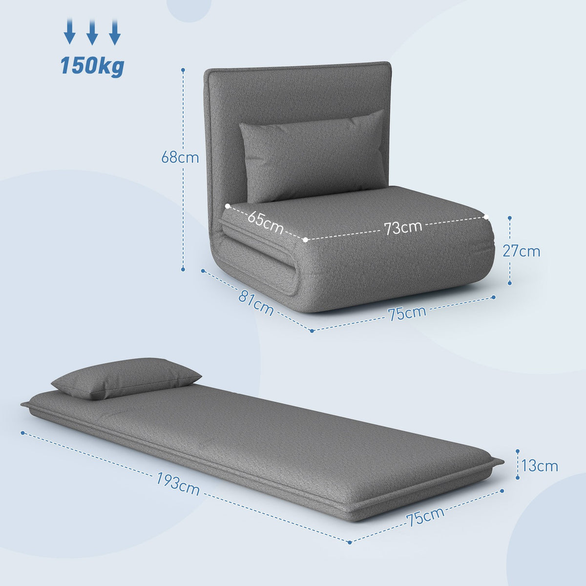 Floor sofa 3-in-1 folding sofa bed, padded sofa bed with sleeping function, load capacity up to 150 kg, for bedroom, living room, dark gray