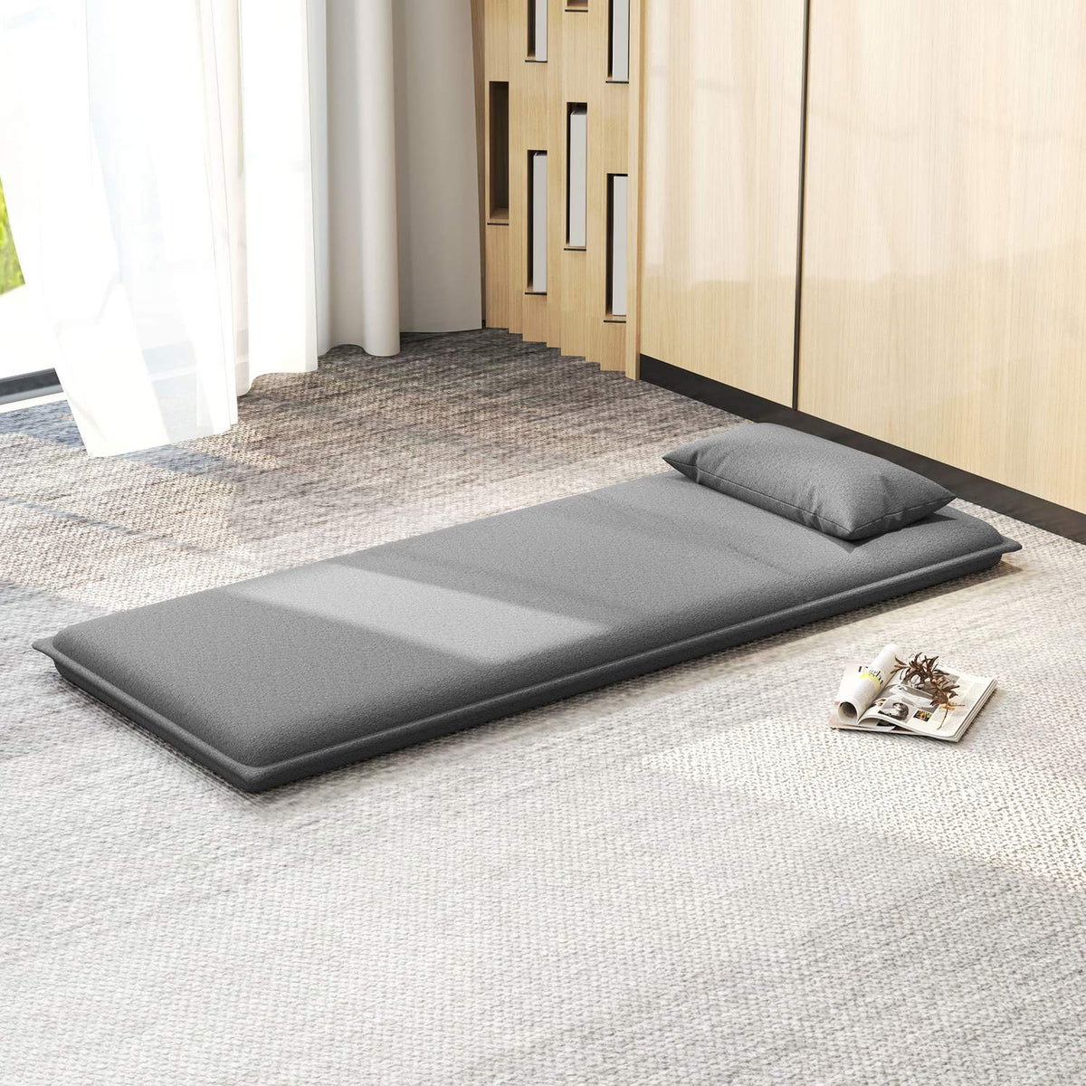 Floor sofa 3-in-1 folding sofa bed, padded sofa bed with sleeping function, load capacity up to 150 kg, for bedroom, living room, dark gray