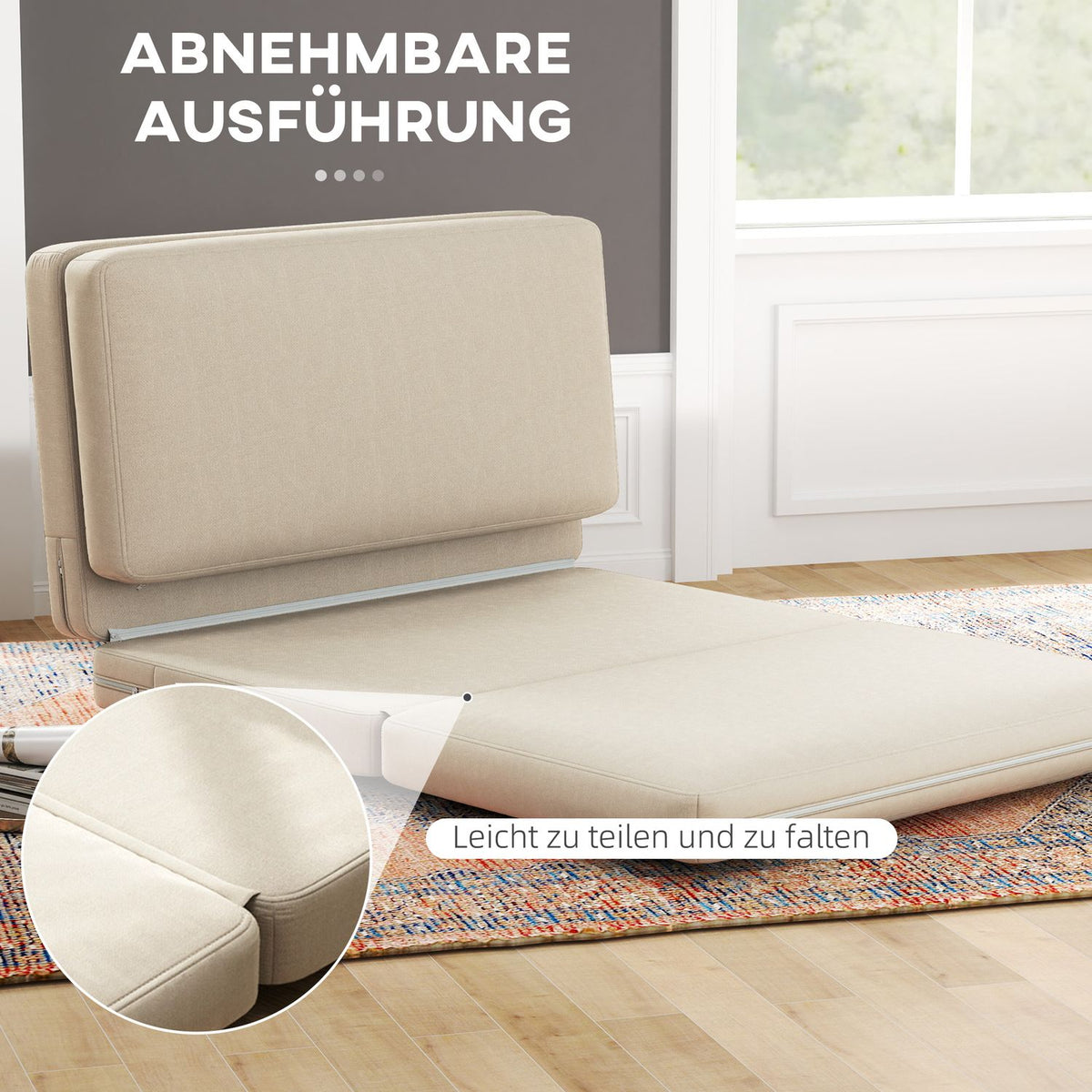 Floor sofa 3-in-1 folding sofa bed with velvet look, padded sofa bed can hold up to 240 kg for bedroom, living room, beige