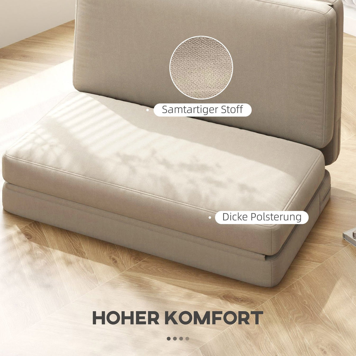 Floor sofa 3-in-1 folding sofa bed with velvet look, padded sofa bed can hold up to 240 kg for bedroom, living room, beige