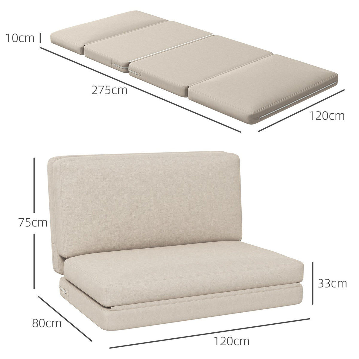 Floor sofa 3-in-1 folding sofa bed with velvet look, padded sofa bed can hold up to 240 kg for bedroom, living room, beige