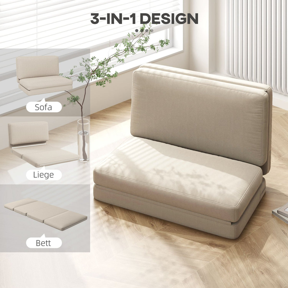Floor sofa 3-in-1 folding sofa bed with velvet look, padded sofa bed can hold up to 240 kg for bedroom, living room, beige