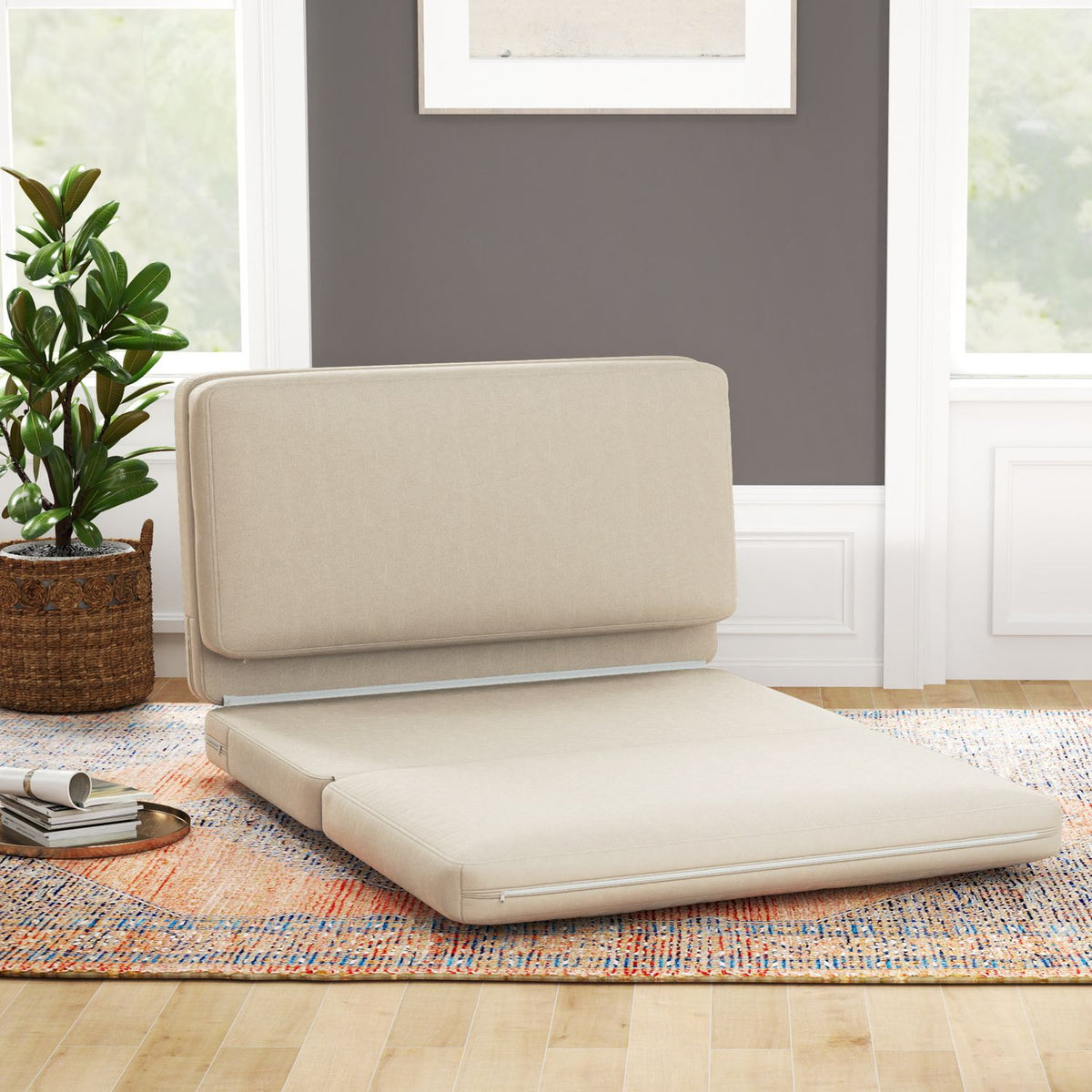 Floor sofa 3-in-1 folding sofa bed with velvet look, padded sofa bed can hold up to 240 kg for bedroom, living room, beige