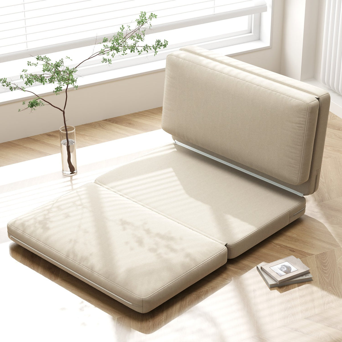 Floor sofa 3-in-1 folding sofa bed with velvet look, padded sofa bed can hold up to 240 kg for bedroom, living room, beige