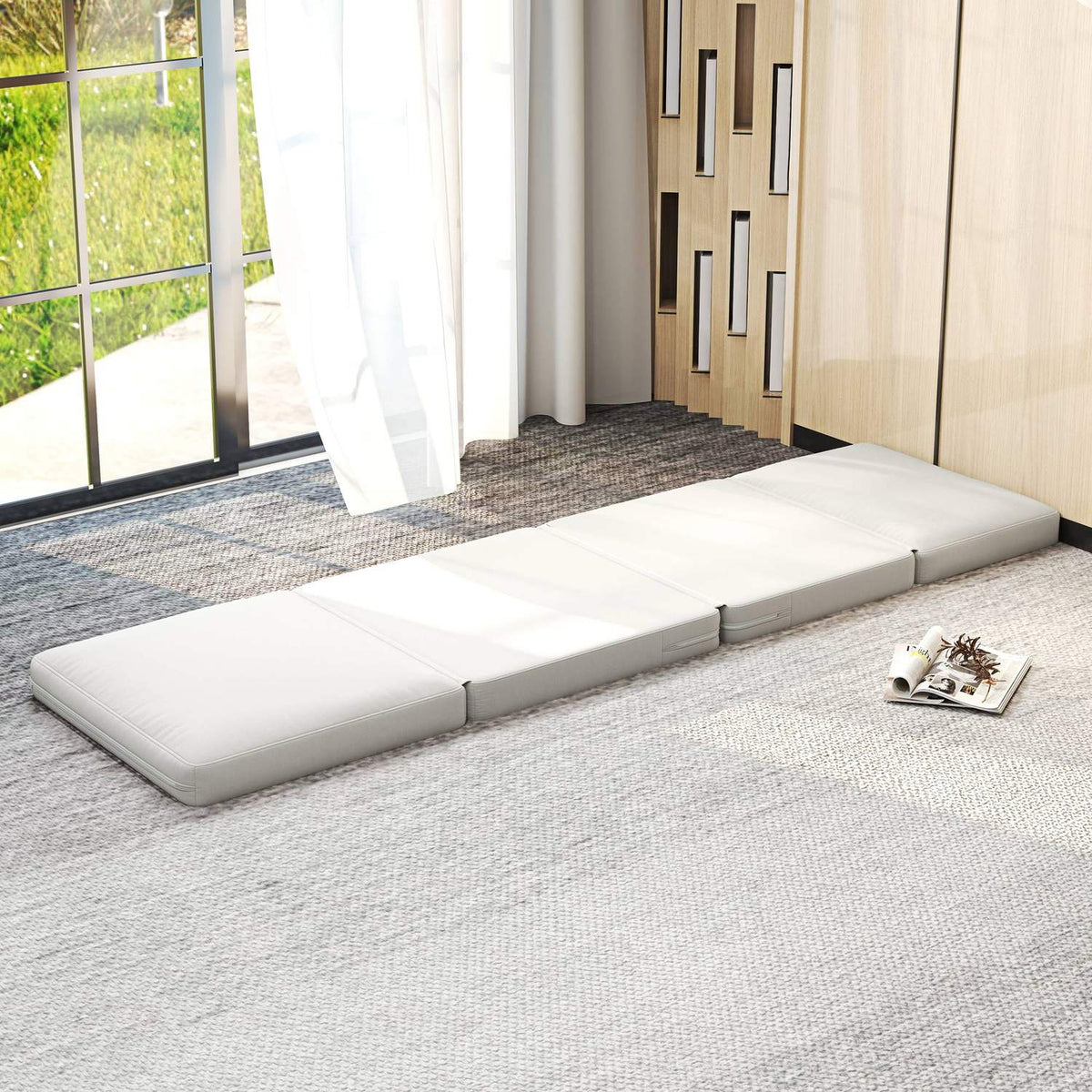Floor sofa 3-in-1 folding sofa bed with velvet look, upholstered sofa bed can hold up to 240 kg, for bedroom, living room, cream white