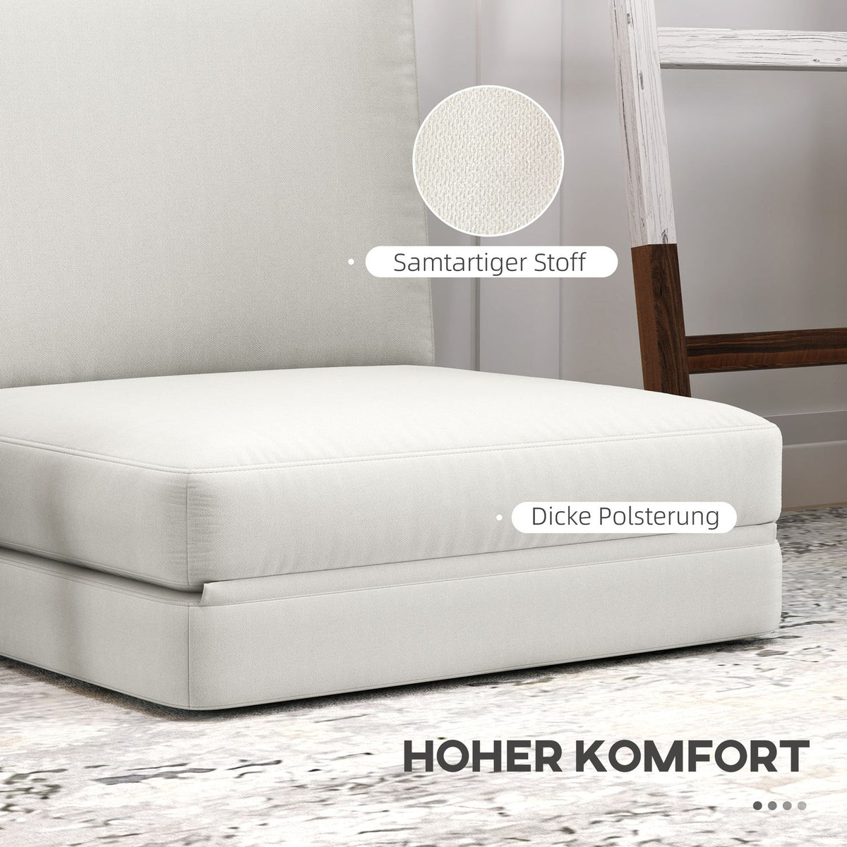 Floor sofa 3-in-1 folding sofa bed with velvet look, upholstered sofa bed can hold up to 240 kg, for bedroom, living room, cream white