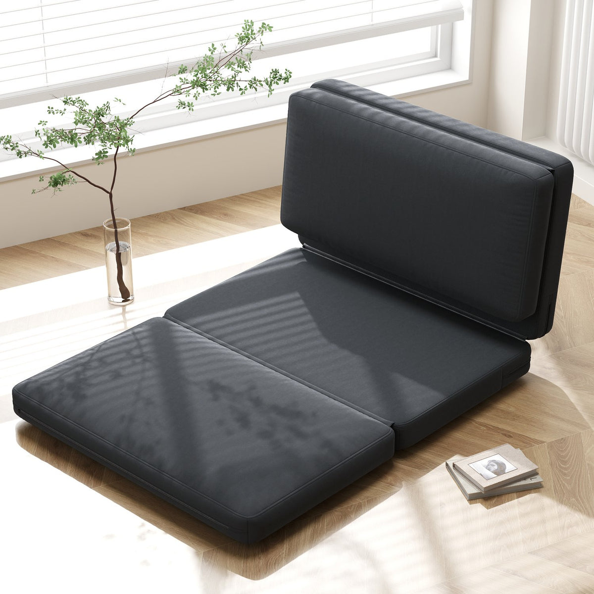 Floor sofa 3-in-1 folding sofa bed with velvet look, upholstered sofa bed can hold up to 240 kg for bedroom, living room, dark gray