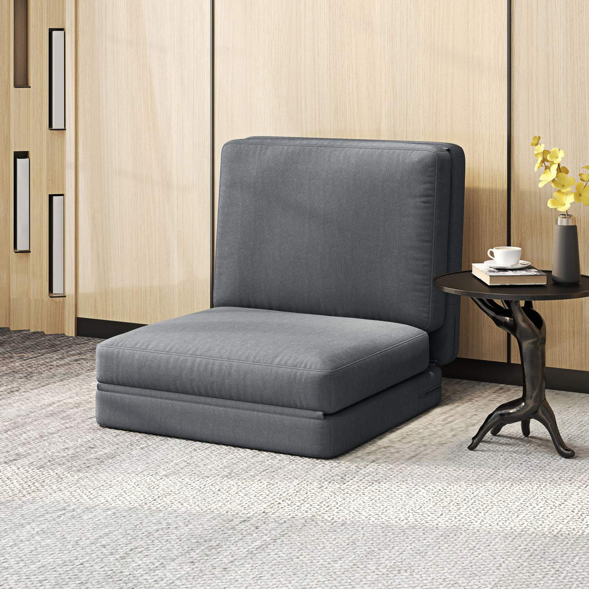 Floor sofa 3-in-1 folding sofa bed with velvet look, upholstered sofa bed can hold up to 240 kg, for bedroom, living room, dark gray