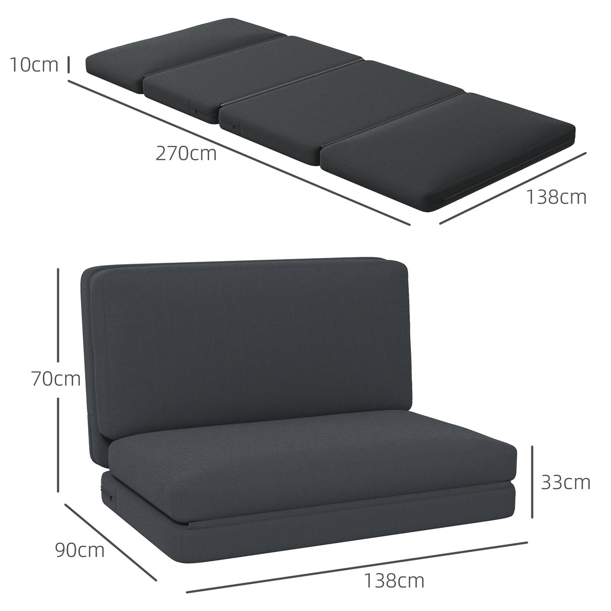 Floor sofa 3-in-1 folding sofa bed with velvet look, upholstered sofa bed can hold up to 240 kg for bedroom, living room, dark gray