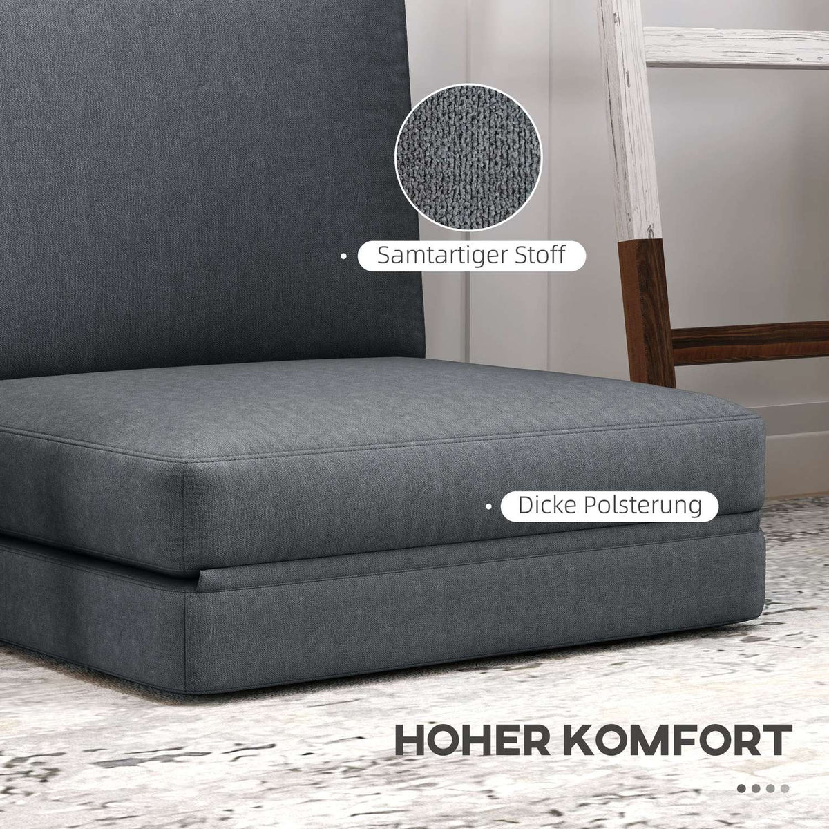 Floor sofa 3-in-1 folding sofa bed with velvet look, upholstered sofa bed can hold up to 240 kg, for bedroom, living room, dark gray