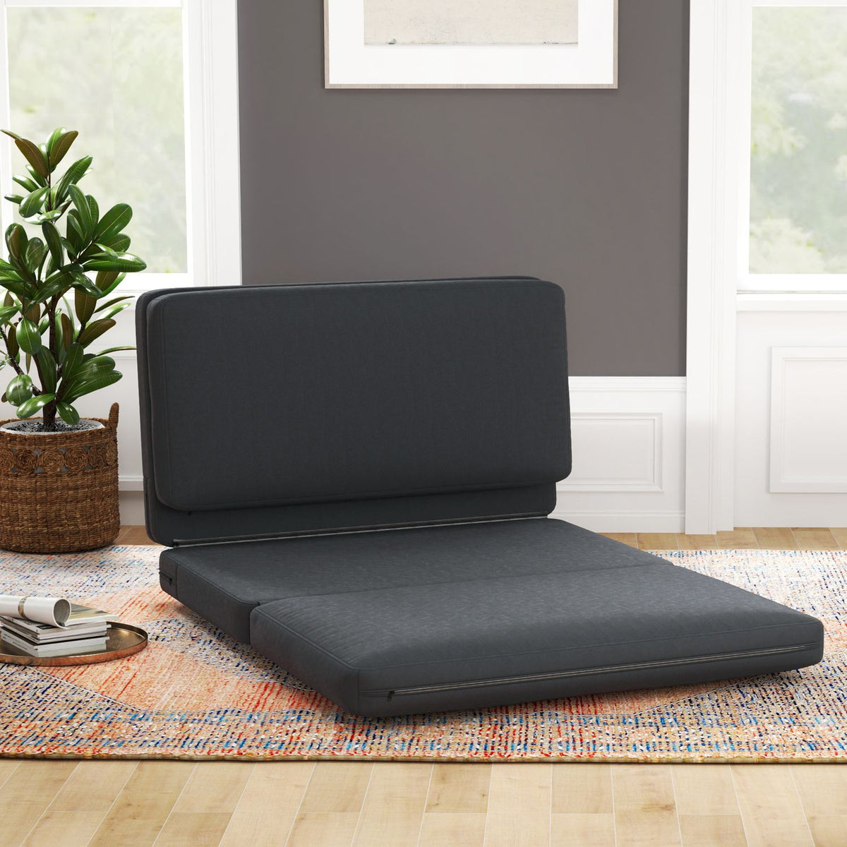 Floor sofa 3-in-1 folding sofa bed with velvet look, upholstered sofa bed can hold up to 240 kg for bedroom, living room, dark gray