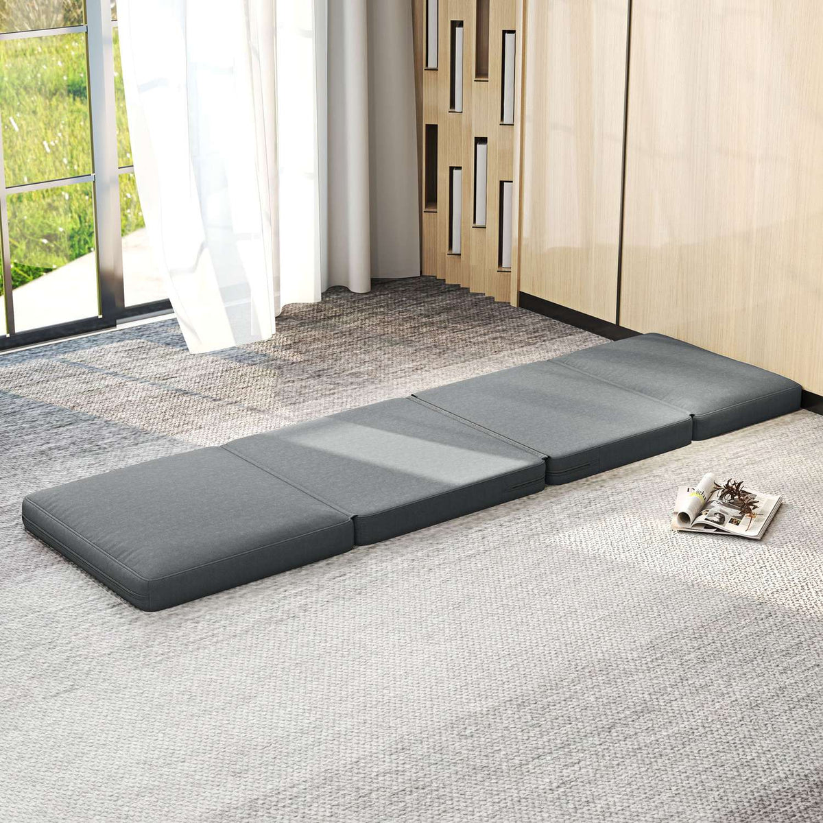 Floor sofa 3-in-1 folding sofa bed with velvet look, upholstered sofa bed can hold up to 240 kg, for bedroom, living room, dark gray
