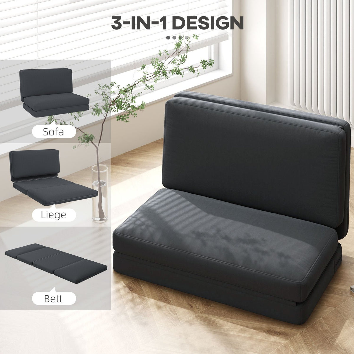 Floor sofa 3-in-1 folding sofa bed with velvet look, upholstered sofa bed can hold up to 240 kg for bedroom, living room, dark gray