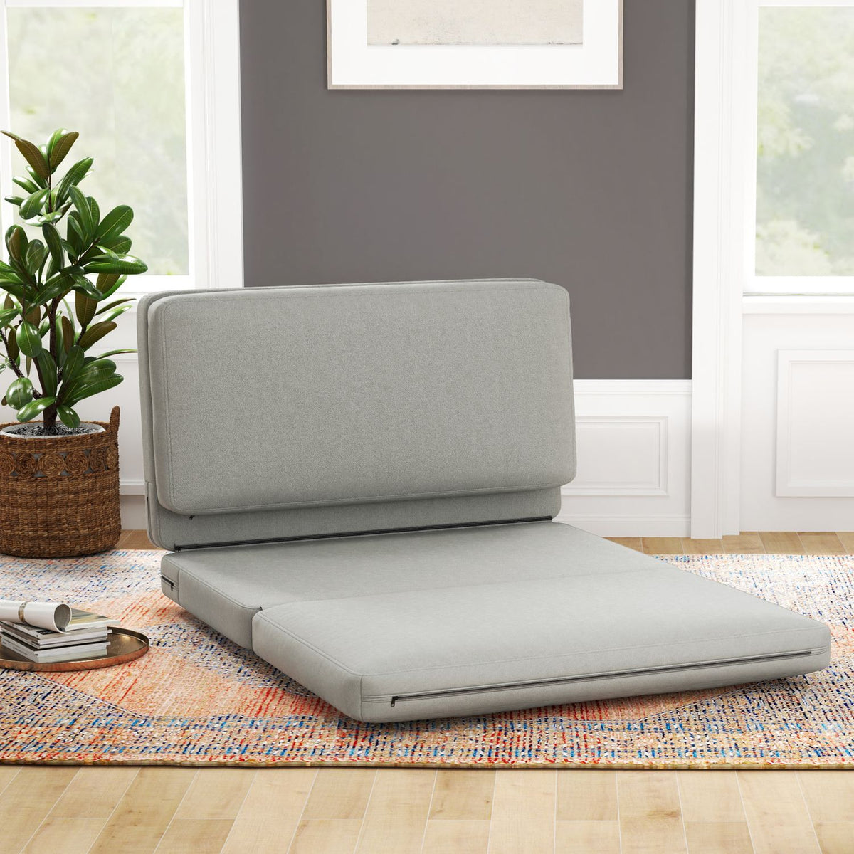 Floor sofa 3-in-1 folding sofa bed with velvet look, upholstered sofa bed can hold up to 240 kg for bedroom, living room, light gray