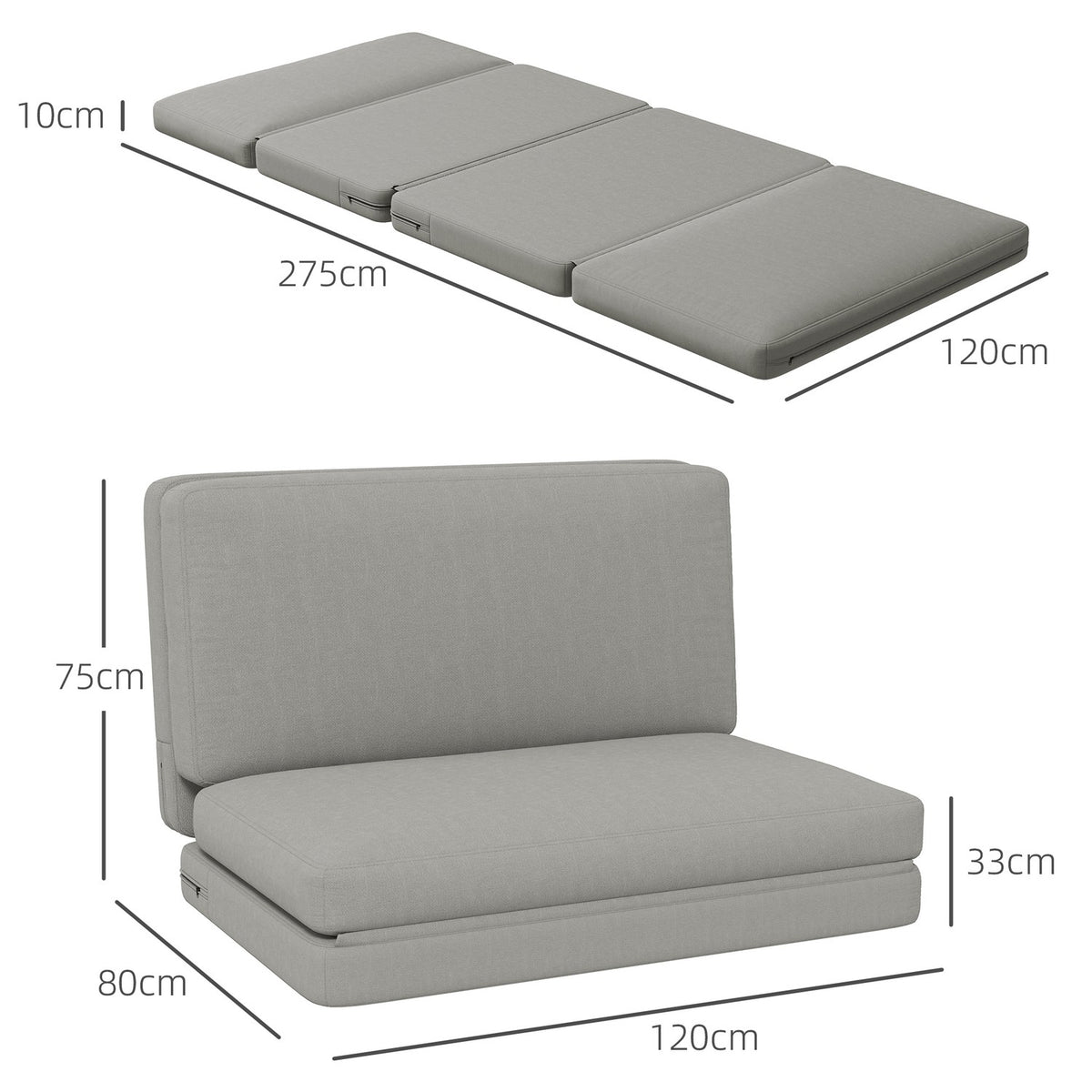 Floor sofa 3-in-1 folding sofa bed with velvet look, upholstered sofa bed can hold up to 240 kg for bedroom, living room, light gray