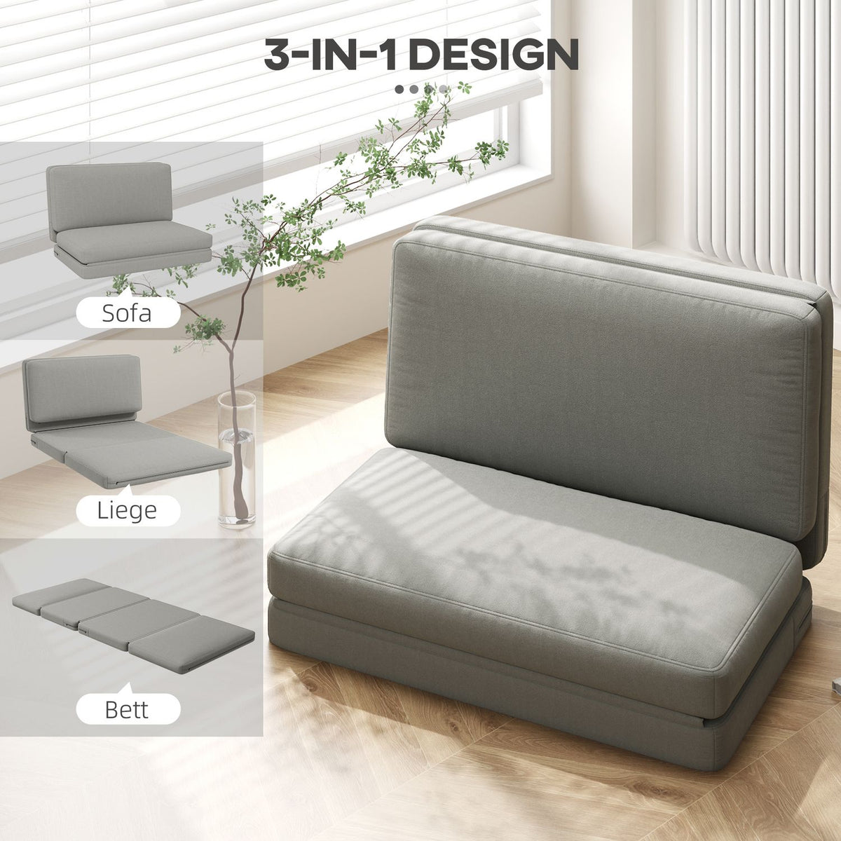 Floor sofa 3-in-1 folding sofa bed with velvet look, upholstered sofa bed can hold up to 240 kg for bedroom, living room, light gray