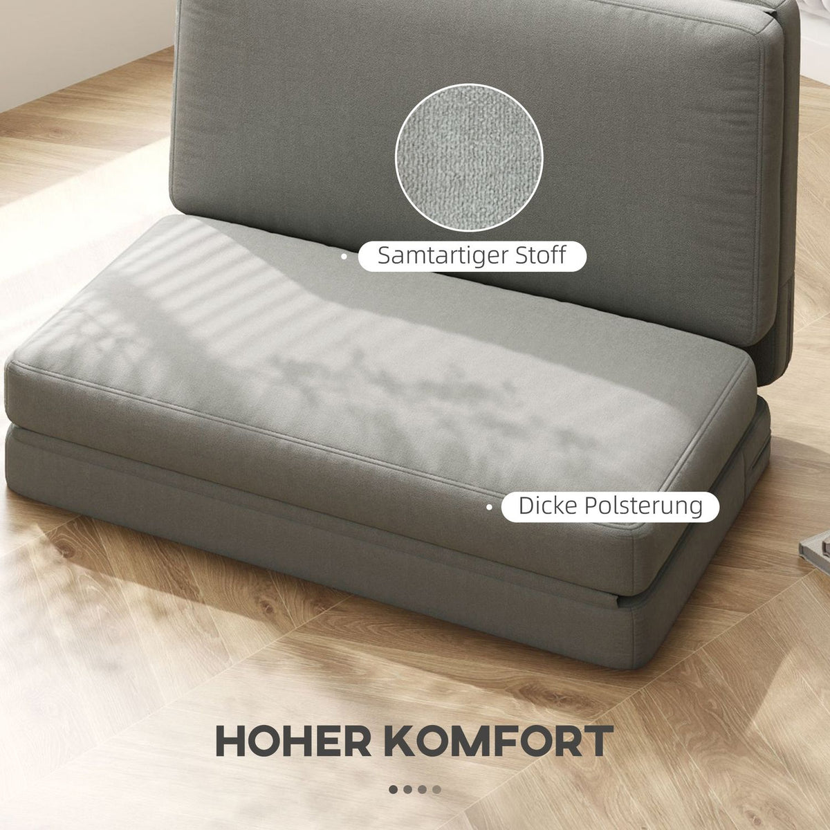 Floor sofa 3-in-1 folding sofa bed with velvet look, upholstered sofa bed can hold up to 240 kg for bedroom, living room, light gray