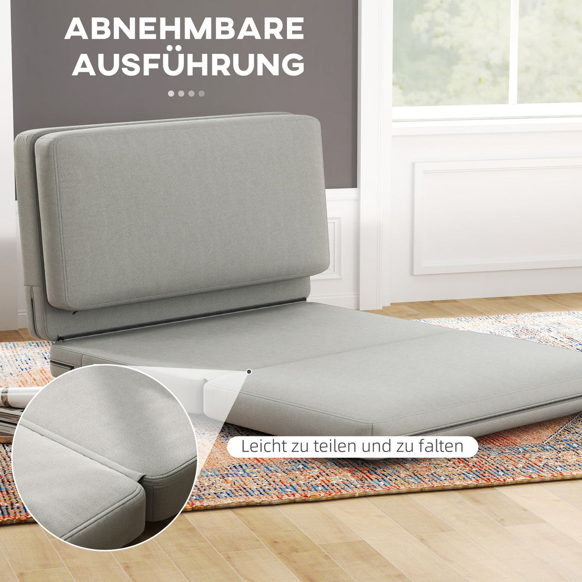 Floor sofa 3-in-1 folding sofa bed with velvet look, upholstered sofa bed can hold up to 240 kg for bedroom, living room, light gray