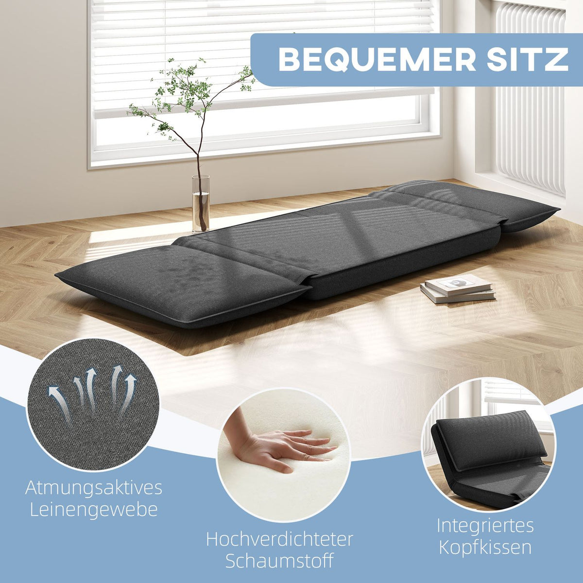 Floor sofa 4-in-1 folding sofa bed with linen look, upholstered sofa bed can hold up to 150 kg for bedroom, living room, dark gray