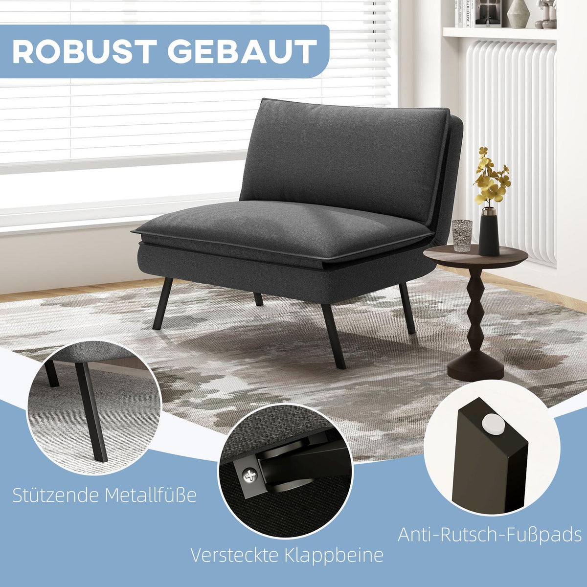 Floor sofa 4-in-1 folding sofa bed with linen look, upholstered sofa bed can hold up to 150 kg for bedroom, living room, dark gray