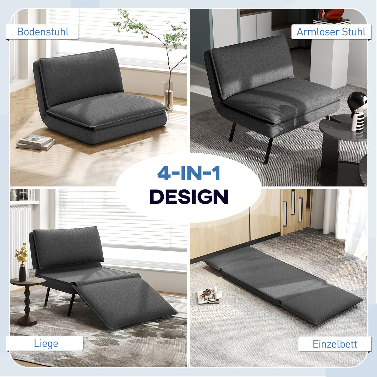 Floor sofa 4-in-1 folding sofa bed with linen look, upholstered sofa bed can hold up to 150 kg for bedroom, living room, dark gray