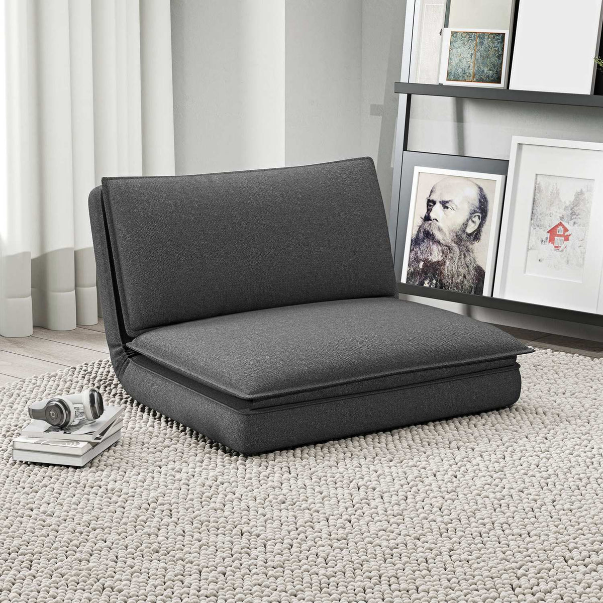 Floor sofa 4-in-1 folding sofa bed with linen look, upholstered sofa bed can hold up to 150 kg for bedroom, living room, dark gray