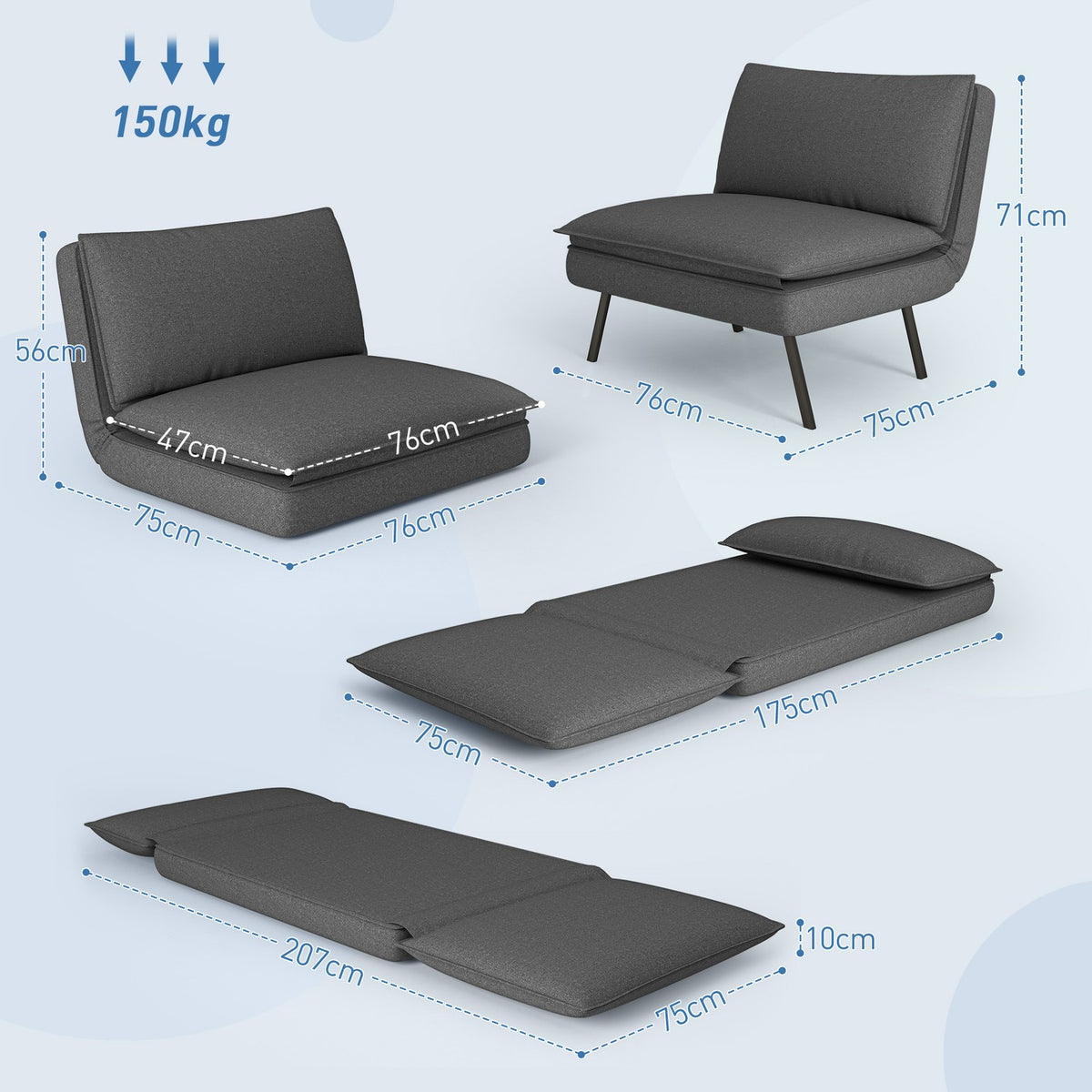 Floor sofa 4-in-1 folding sofa bed with linen look, upholstered sofa bed can hold up to 150 kg for bedroom, living room, dark gray