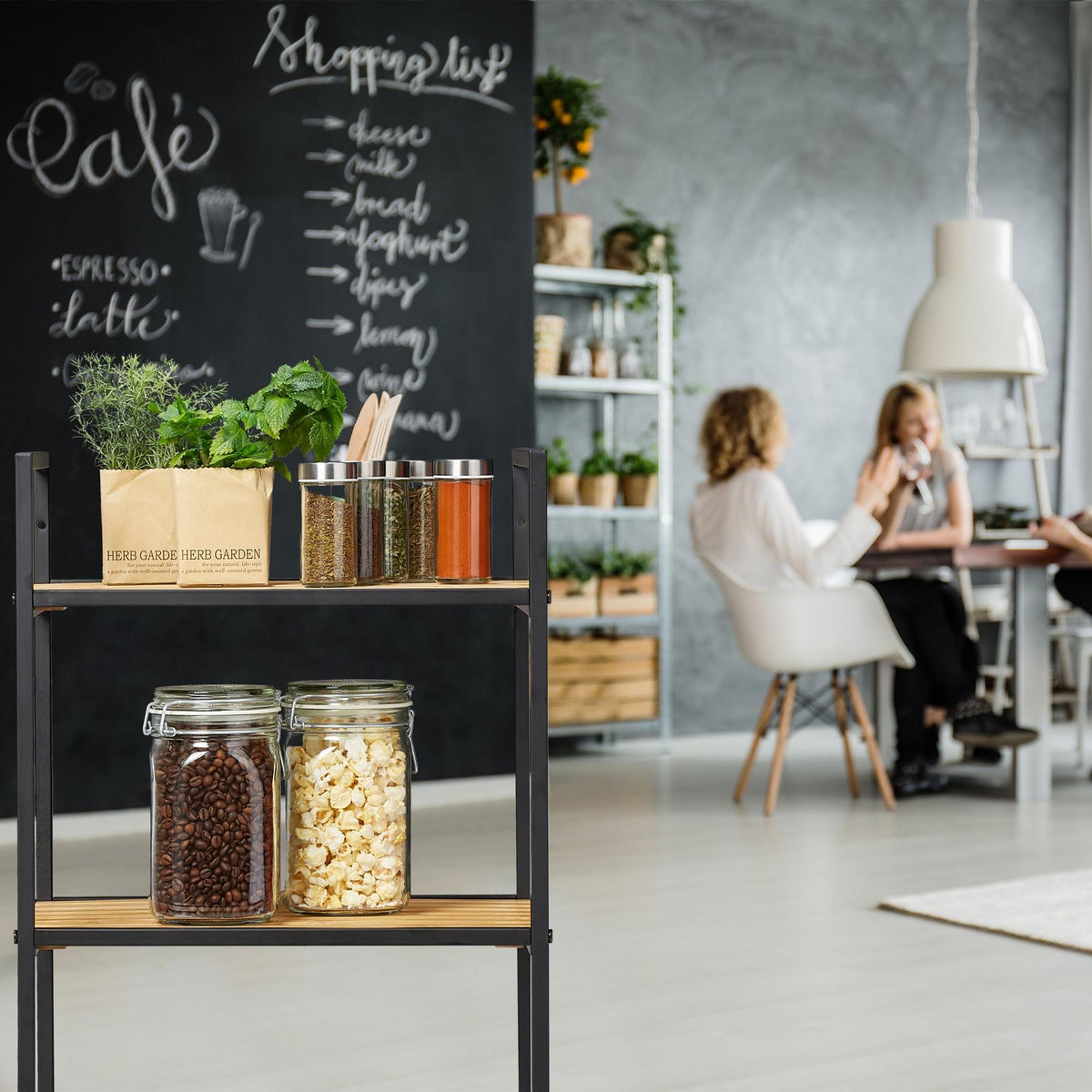 Floor standing shelf in bamboo and metal