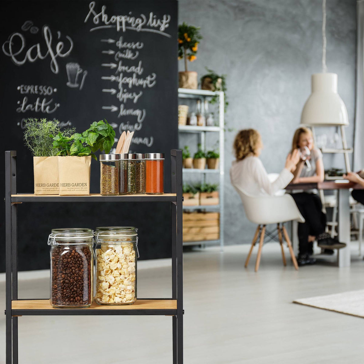 Floor standing shelf in bamboo and metal