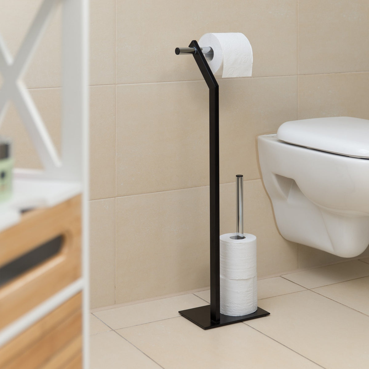 Floor-standing toilet paper holder