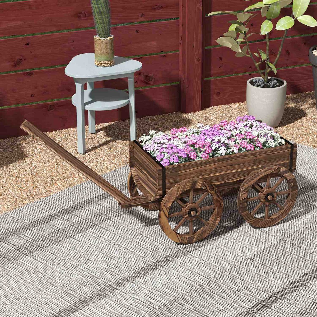 Flower Box In Wooden Trolley Design, Plant Trolley With Handle, Holds Up To 30 Kg, For Garden & Patio, Charred