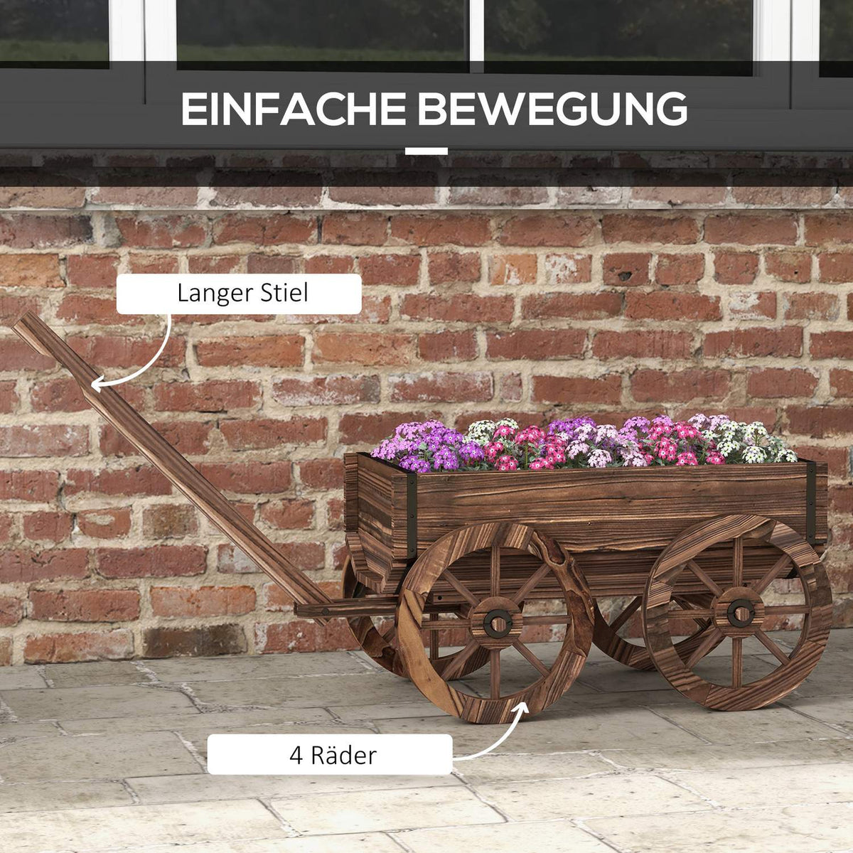 Flower Box In Wooden Trolley Design, Plant Trolley With Handle, Holds Up To 30 Kg, For Garden & Patio, Charred