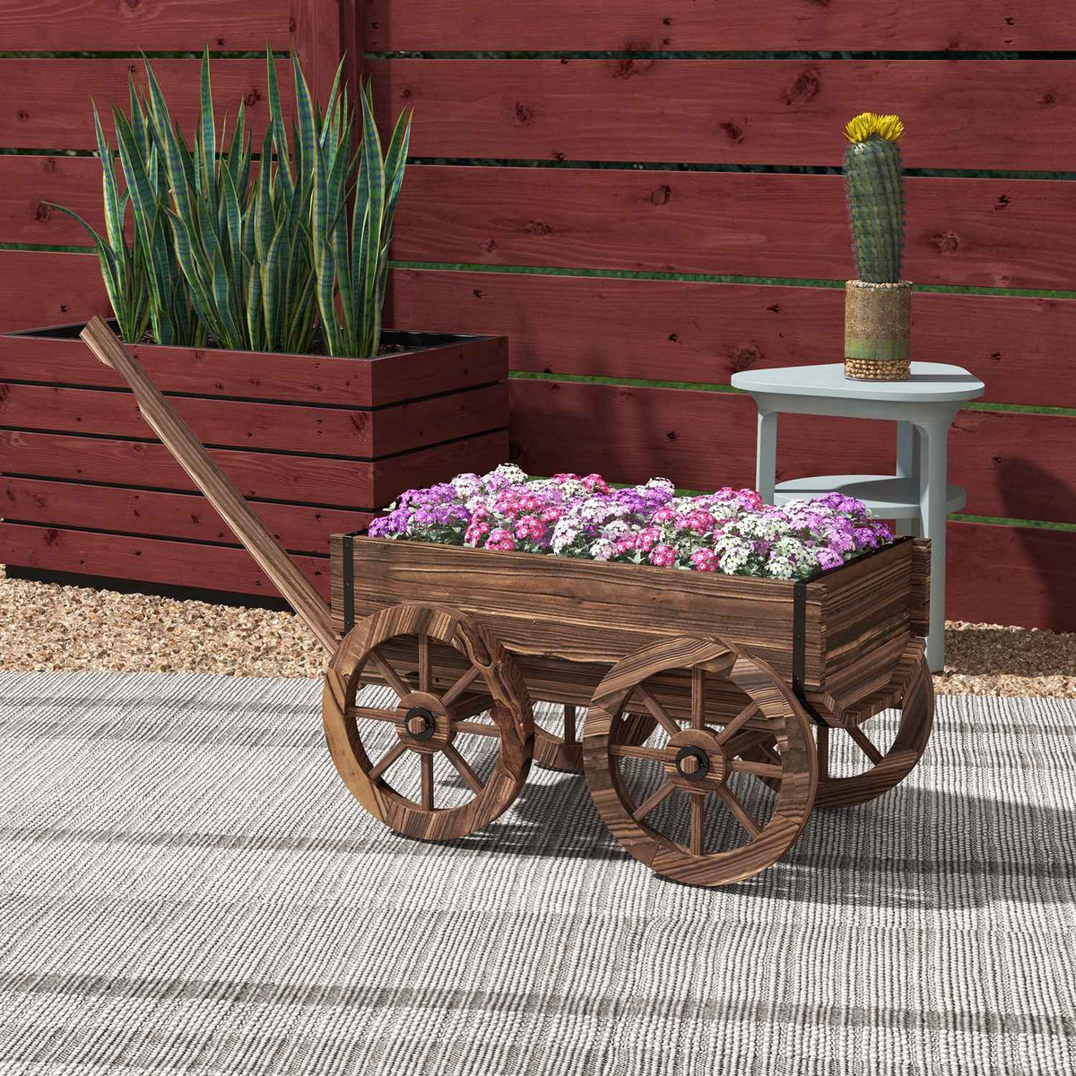Flower Box In Wooden Trolley Design, Plant Trolley With Handle, Holds Up To 30 Kg, For Garden & Patio, Charred