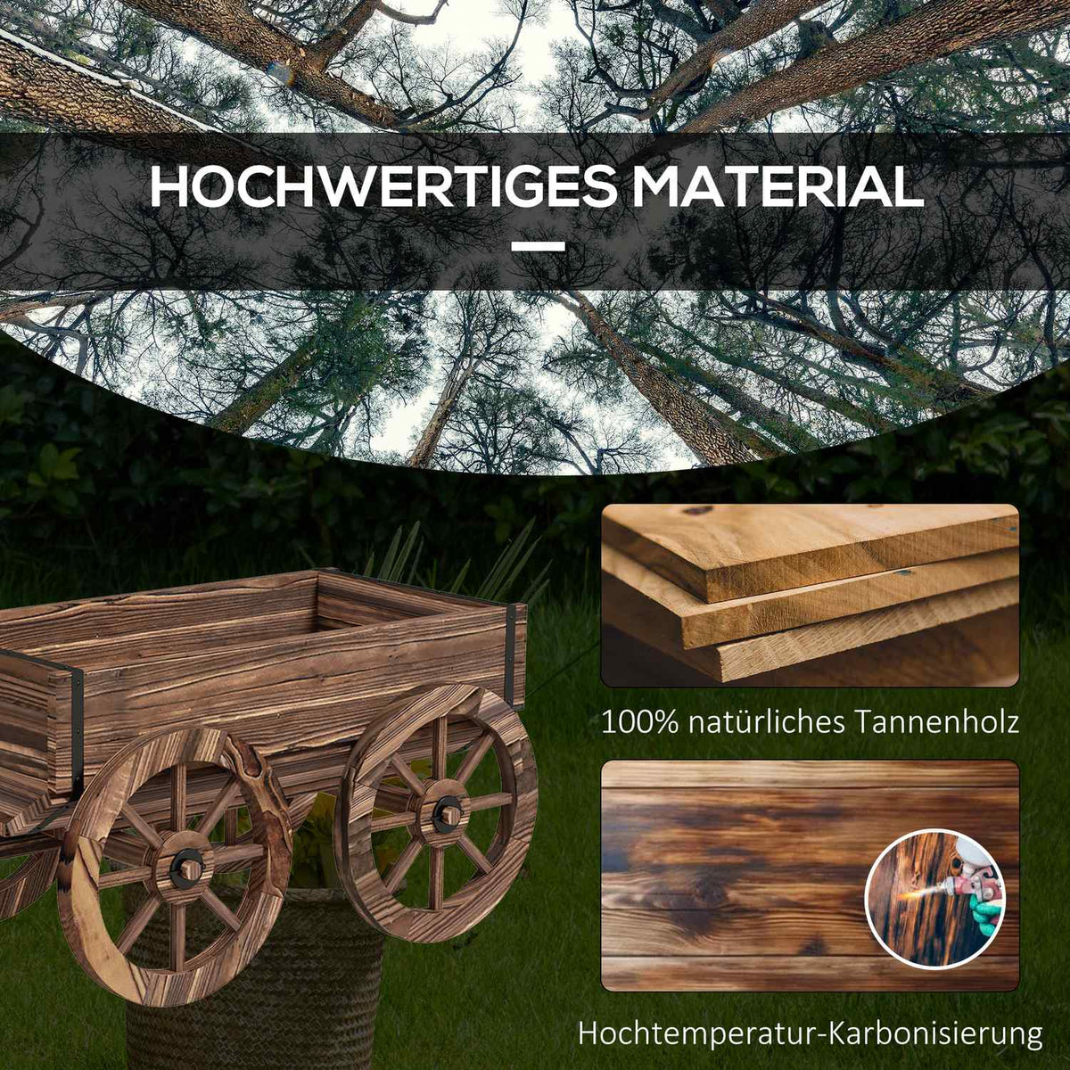 Flower Box In Wooden Trolley Design, Plant Trolley With Handle, Holds Up To 30 Kg, For Garden & Patio, Charred